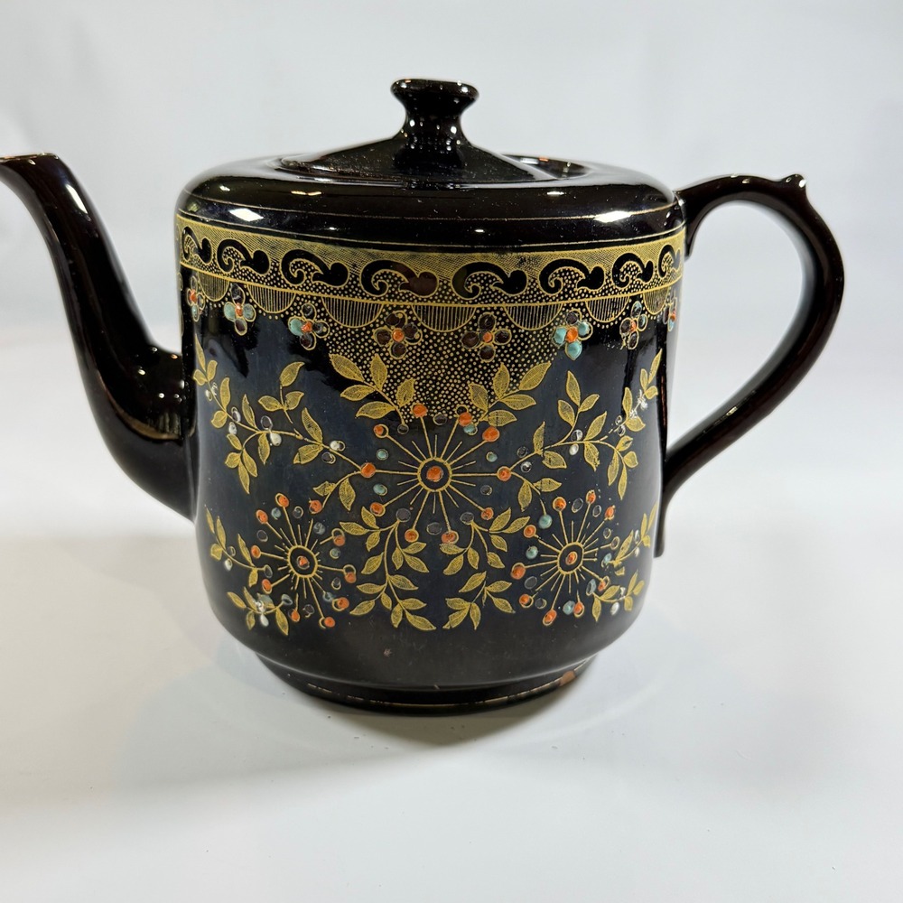 VTG Lingard Webster & Co Teapot Tunstall England Black Gold Floral Chinoiserie